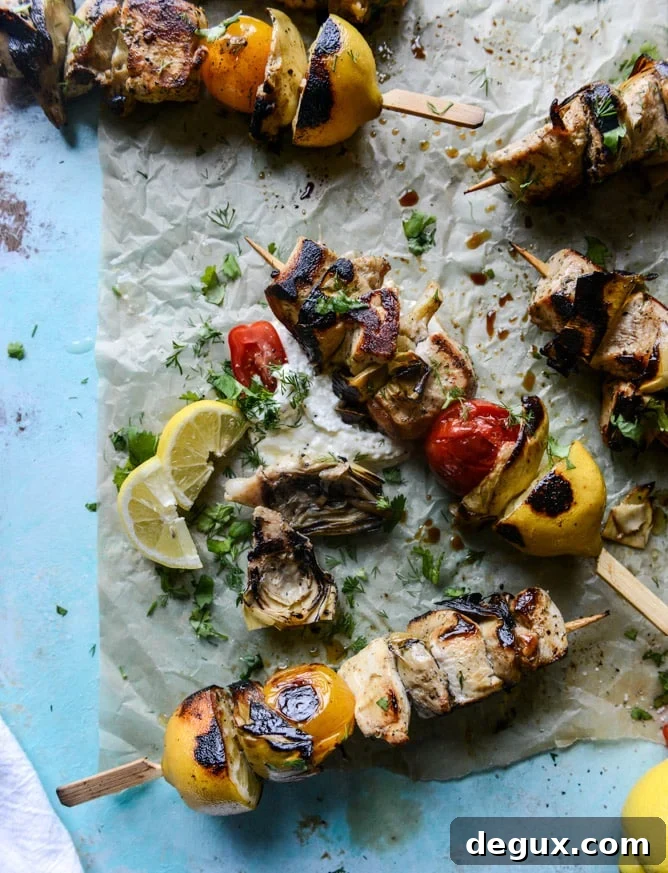 Grilled Chicken, Burst Tomato & Artichoke Skewers with Goat Cheese Dip 6 grilled chicken, burst tomato and artichoke skewers I howsweeteats.com