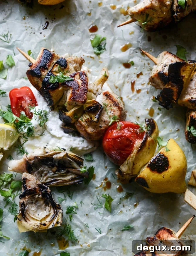 Grilled Chicken, Burst Tomato & Artichoke Skewers with Goat Cheese Dip 8 grilled chicken, burst tomato and artichoke skewers I howsweeteats.com