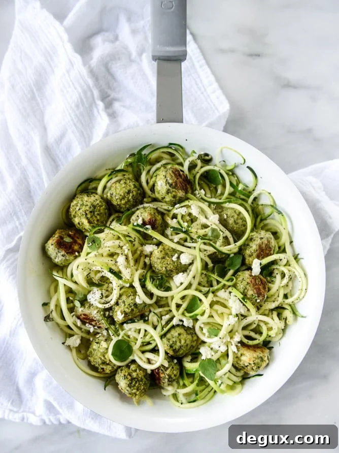 zoodles with mini chicken feta meatballs I howsweeteats.com