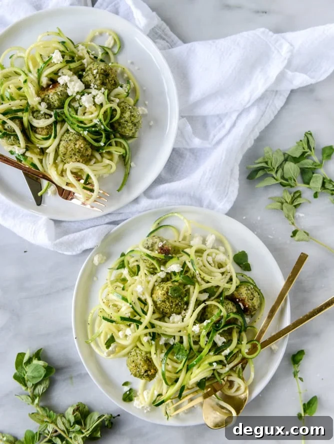 zoodles with mini chicken feta meatballs I howsweeteats.com