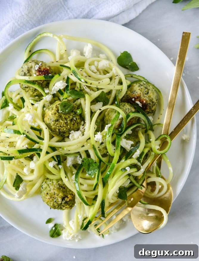 Zucchini Noodles with Mini Chicken, Feta & Spinach Meatballs 6 zoodles with mini chicken feta meatballs I howsweeteats.com