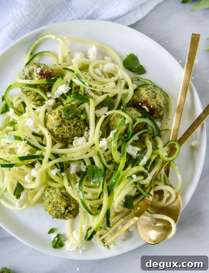 zoodles with mini chicken feta meatballs I howsweeteats.com