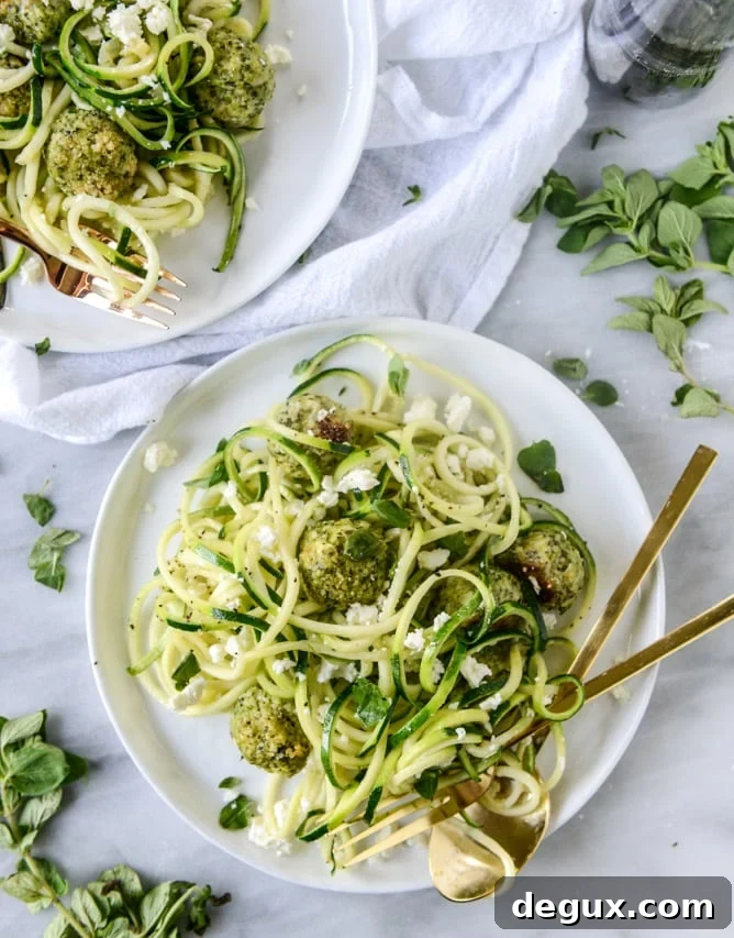 zoodles with mini chicken feta meatballs I howsweeteats.com