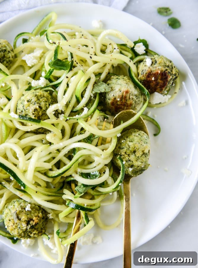 Zucchini Noodles with Mini Chicken, Feta & Spinach Meatballs 9 zoodles with mini chicken feta meatballs I howsweeteats.com