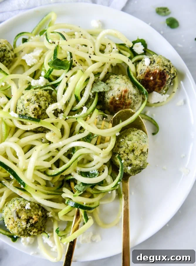 zoodles with mini chicken feta meatballs I howsweeteats.com