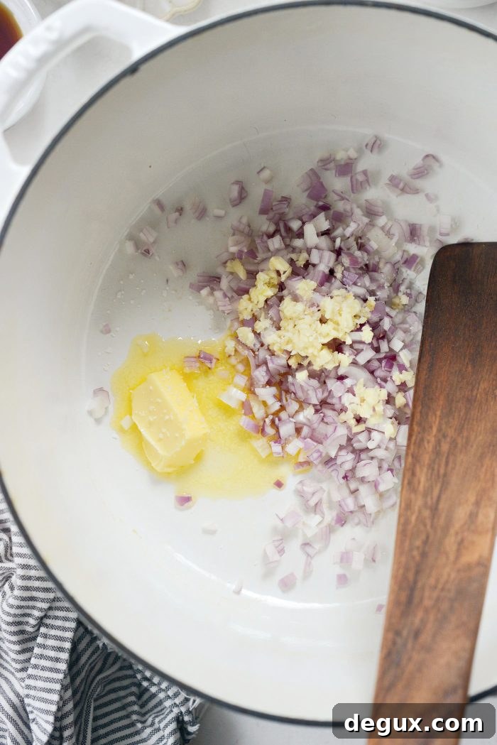 butter, shallot and garlic in pan