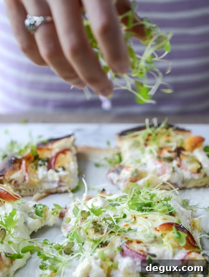 Peach and Ricotta Pizza with Spicy Microgreens Recipe 5 peach ricotta pizza with spicy microgreens
