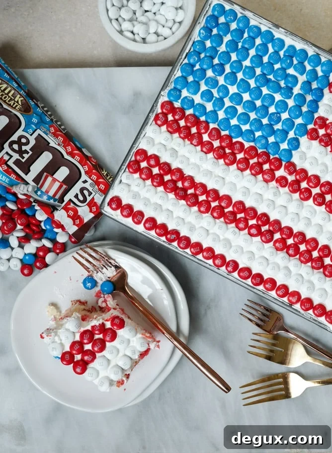 red white and blue poke cake with M&M's I howsweeteats.com