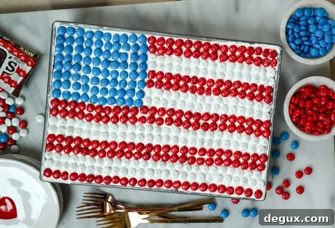 red white and blue poke cake with M&M's I howsweeteats.com