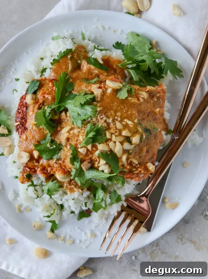 salmon with thai curry peanut sauce and coconut cilantro rice I howsweeteats.com
