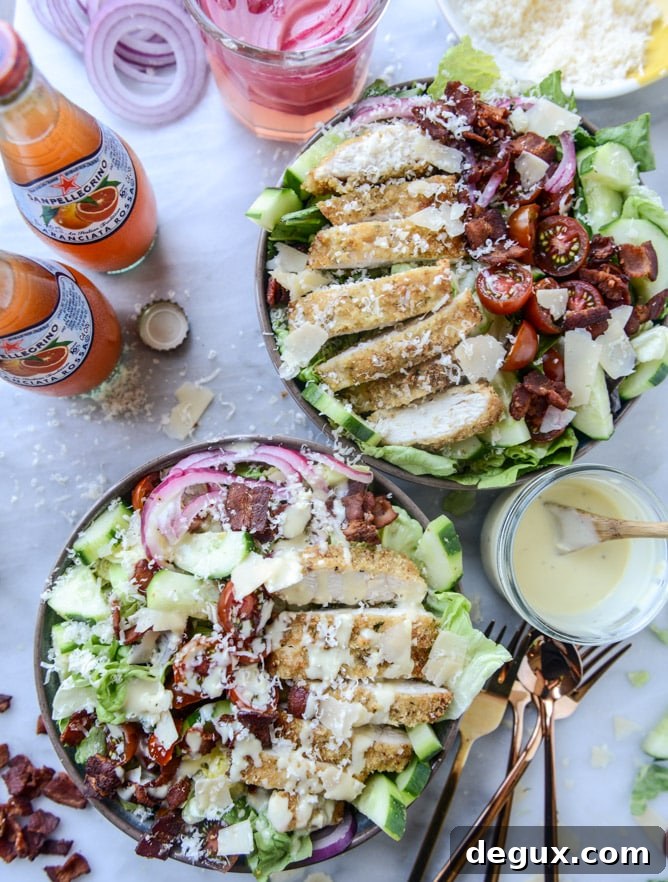 parmesan-crusted chicken salad with bacon and pickled onions I howsweeteats.com