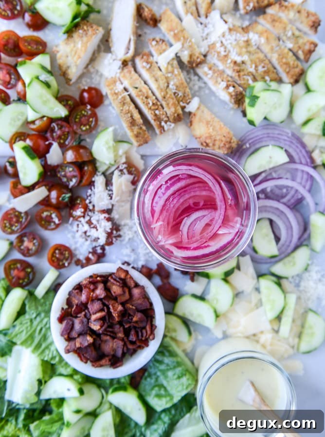 parmesan-crusted chicken salad with bacon and pickled onions I howsweeteats.com