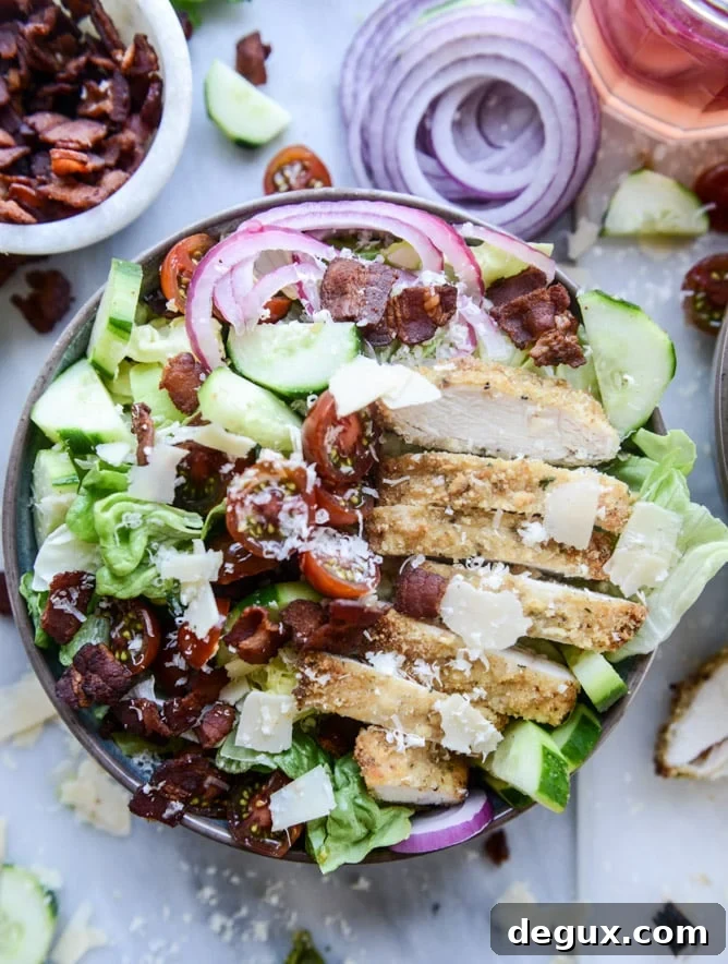 parmesan-crusted chicken salad with bacon and pickled onions I howsweeteats.com