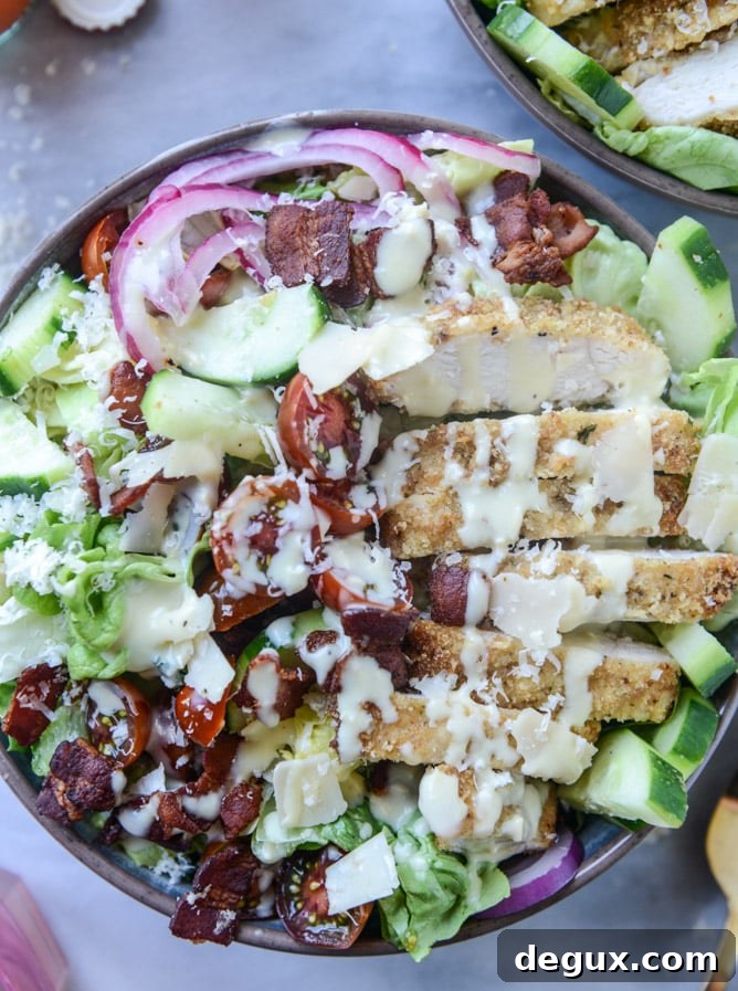 parmesan-crusted chicken salad with bacon and pickled onions I howsweeteats.com