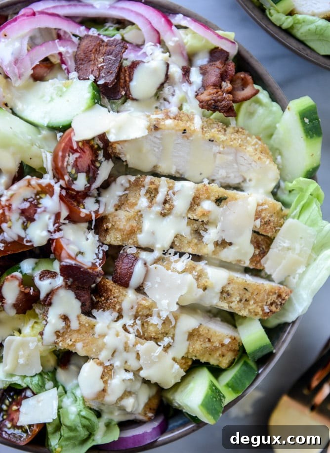 parmesan-crusted chicken salad with bacon and pickled onions I howsweeteats.com