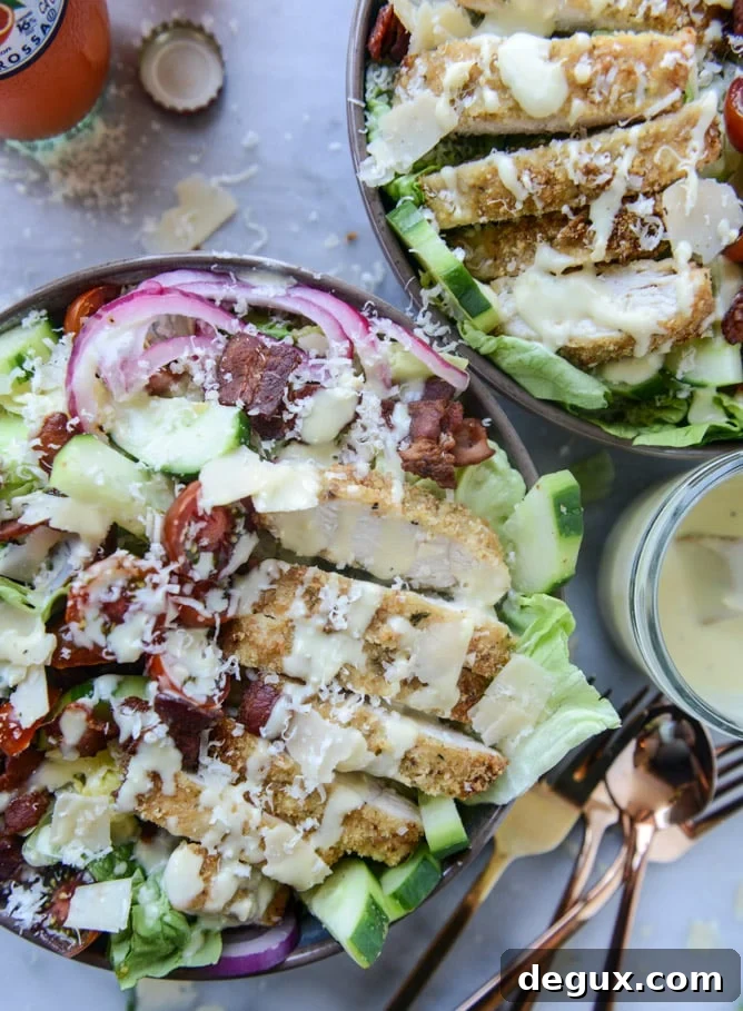 parmesan-crusted chicken salad with bacon and pickled onions I howsweeteats.com
