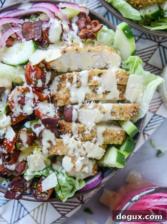 parmesan-crusted chicken salad with bacon and pickled onions I howsweeteats.com