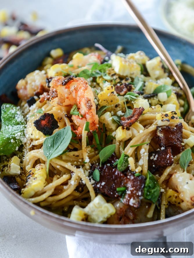 summer shrimp and charred corn pasta carbonara by @howsweeteats I howsweeteats.com