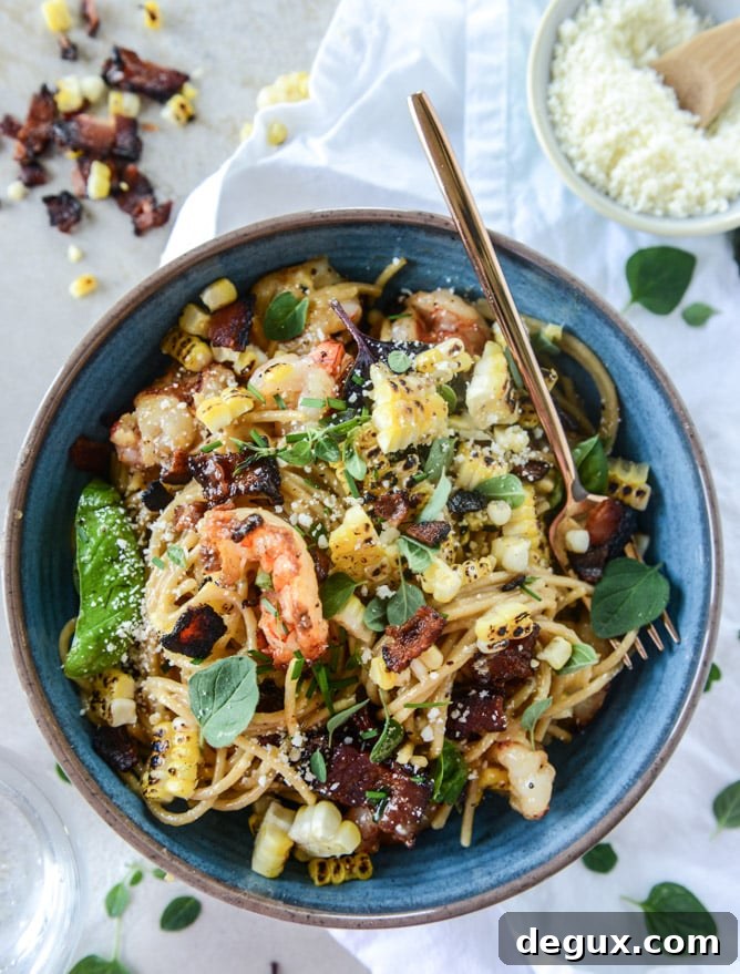 summer shrimp and charred corn pasta carbonara by @howsweeteats I howsweeteats.com