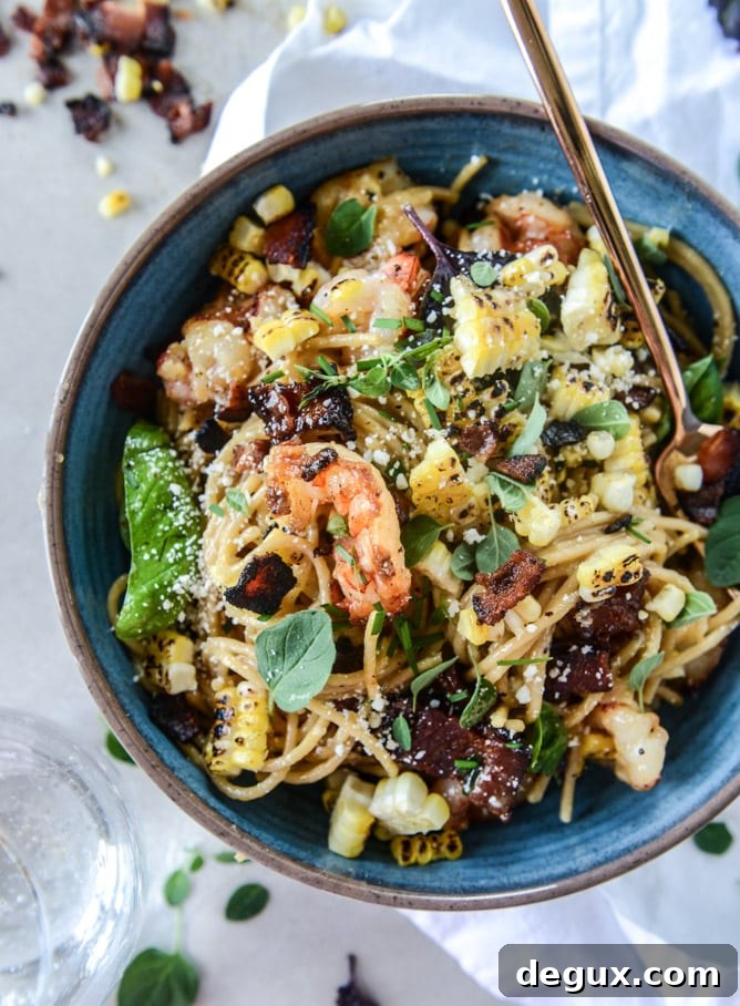 summer shrimp and charred corn pasta carbonara by @howsweeteats I howsweeteats.com