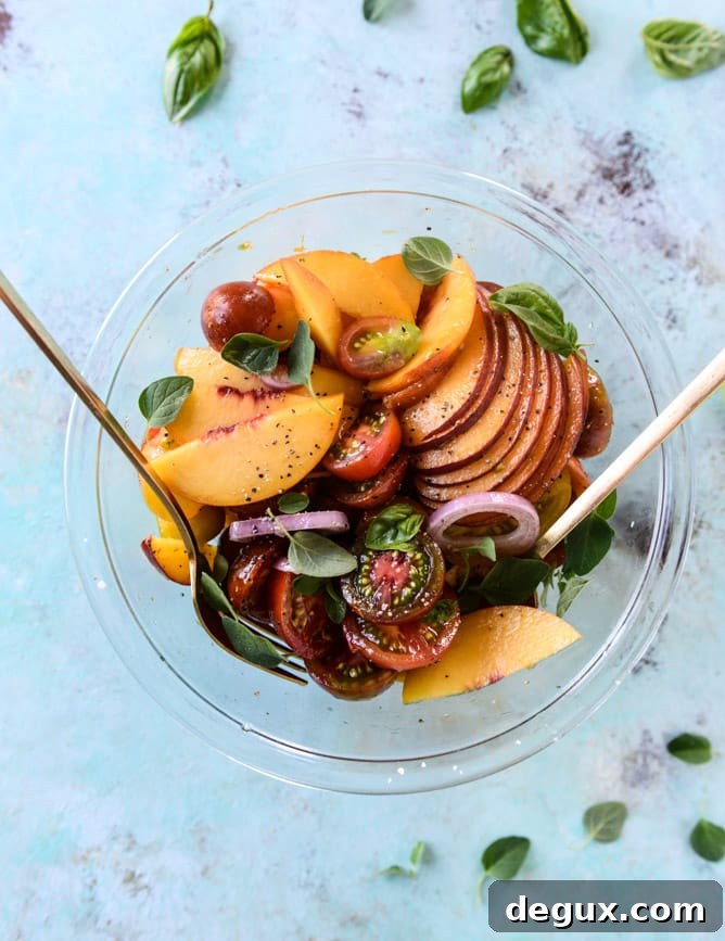 marinated tomato peach salad with herb butter toast I howsweeteats.com