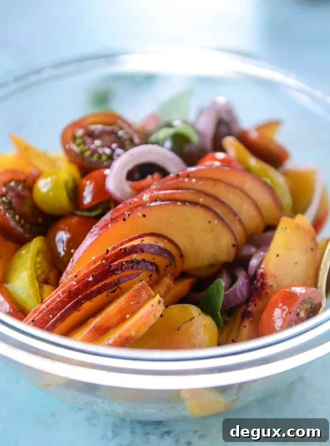 marinated tomato peach salad with herb butter toast I howsweeteats.com