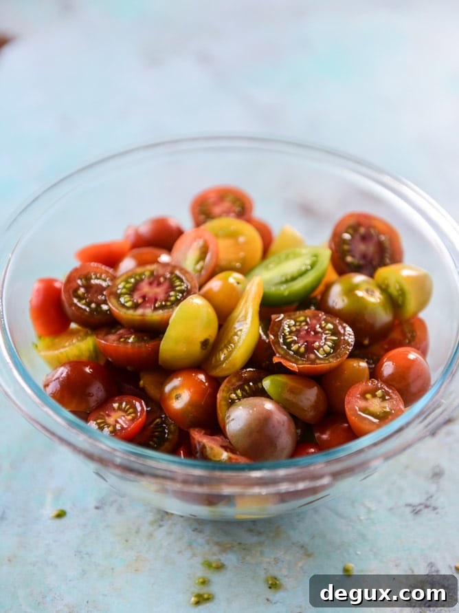 marinated tomato peach salad with herb butter toast I howsweeteats.com