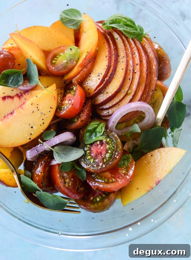 marinated tomato peach salad with herb butter toast I howsweeteats.com