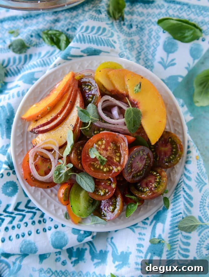 marinated tomato peach salad with herb butter toast I howsweeteats.com