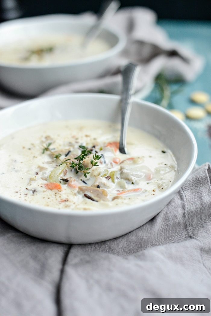 Homemade Turkey and Wild Rice Soup Recipe for Leftovers 3 Turkey Wild Rice Soup with spoon in bowl.