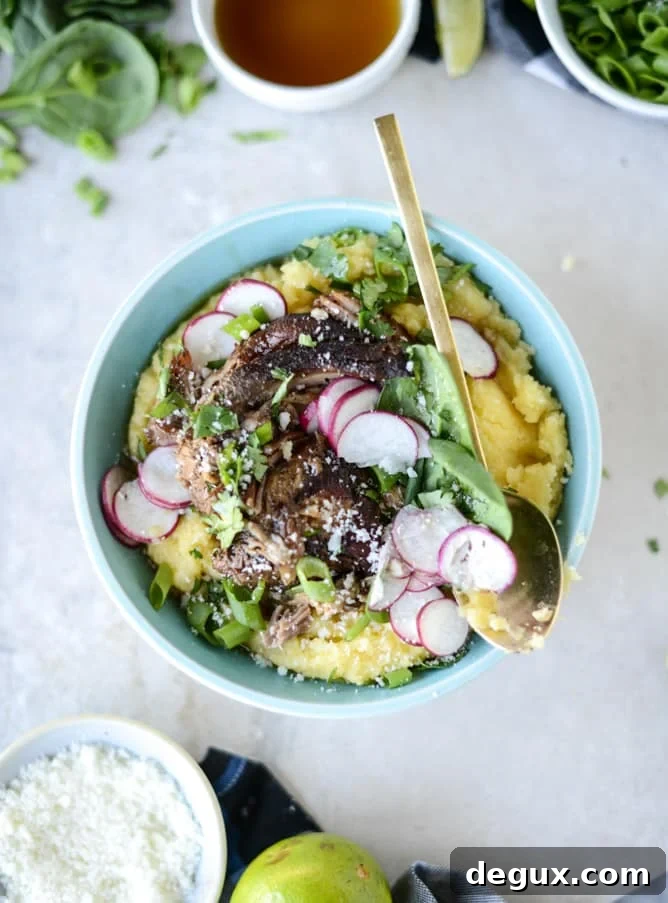 slow cooker maple chipotle pork with cheesy polenta I howsweeteats.com