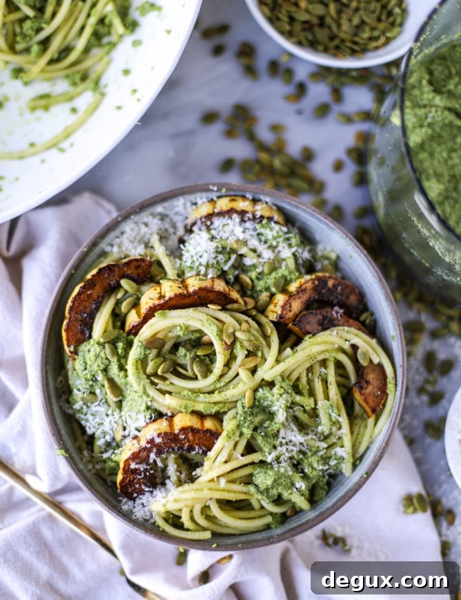 Pumpkin Seed Pesto Pasta with Caramelized Delicata Squash 7 pumpkin seed pesto pasta I howsweeteats.com