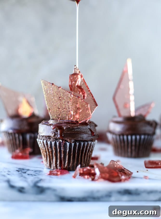 Devil’s Food Cupcakes with Pomegranate Sugar Shards 2 devil's food cupcakes with pomegranate sugar shards I howsweeteats.com