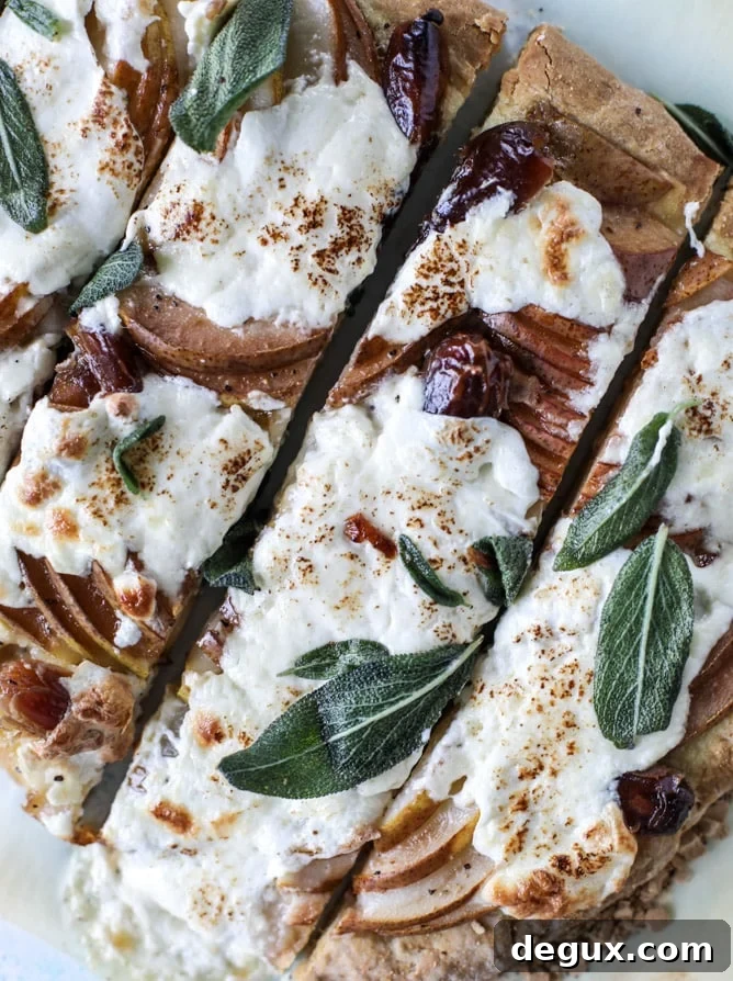 Pear, Date & Burrata Flatbread with Crispy Sage 6 savory pear flatbread with dates, burrata cheese and crispy sage I howsweeteats.com