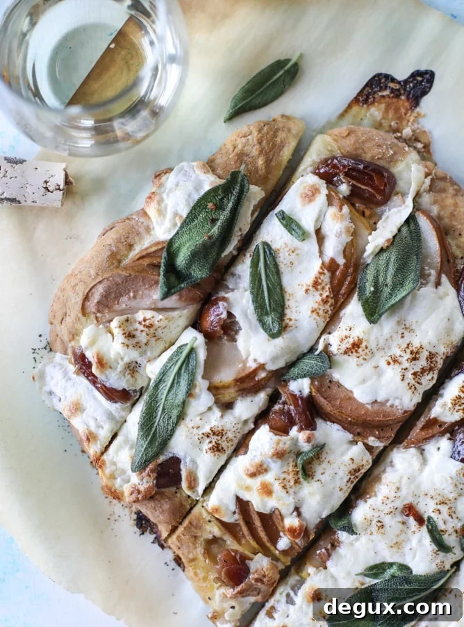 Pear, Date & Burrata Flatbread with Crispy Sage 7 savory pear flatbread with dates, burrata cheese and crispy sage I howsweeteats.com