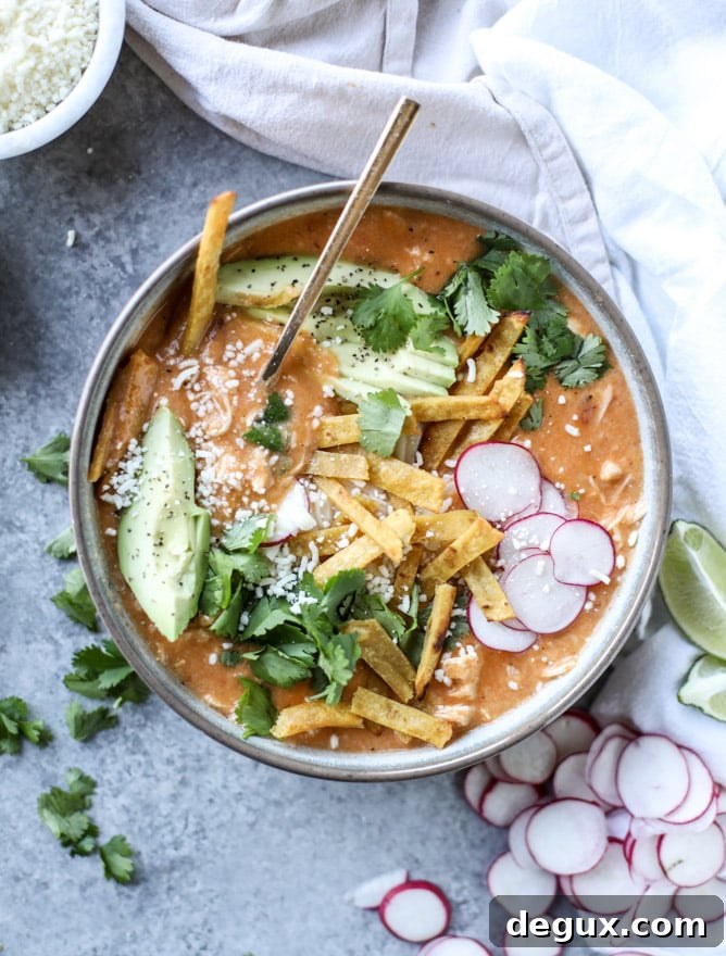 cheesy turkey (or chicken!!) tortilla soup with crispy tortilla strips I howsweeteats.com 