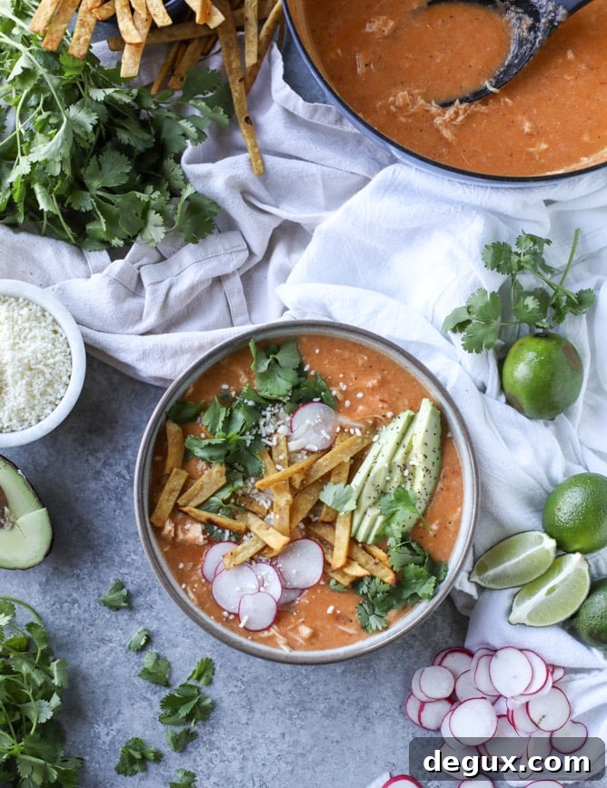 cheesy turkey (or chicken!!) tortilla soup with crispy tortilla strips I howsweeteats.com 