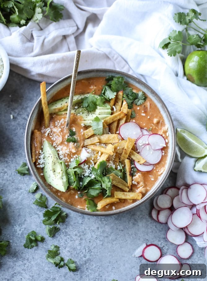 cheesy turkey (or chicken!!) tortilla soup with crispy tortilla strips I howsweeteats.com 