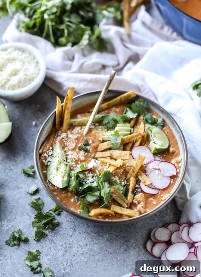 cheesy turkey (or chicken!!) tortilla soup with crispy tortilla strips I howsweeteats.com 