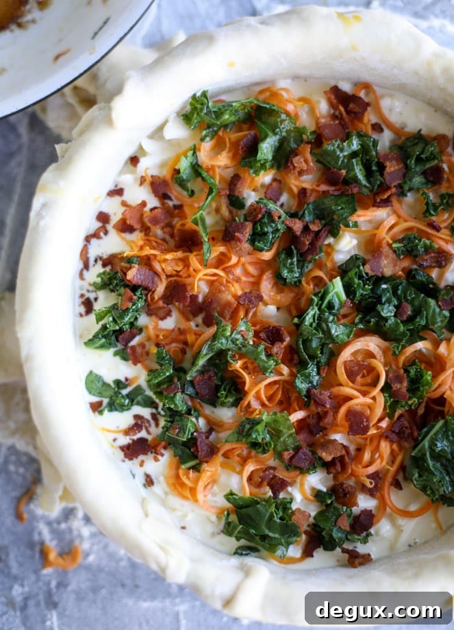 spiralized sweet potato, kale and bacon quiche I howsweeteats.com 