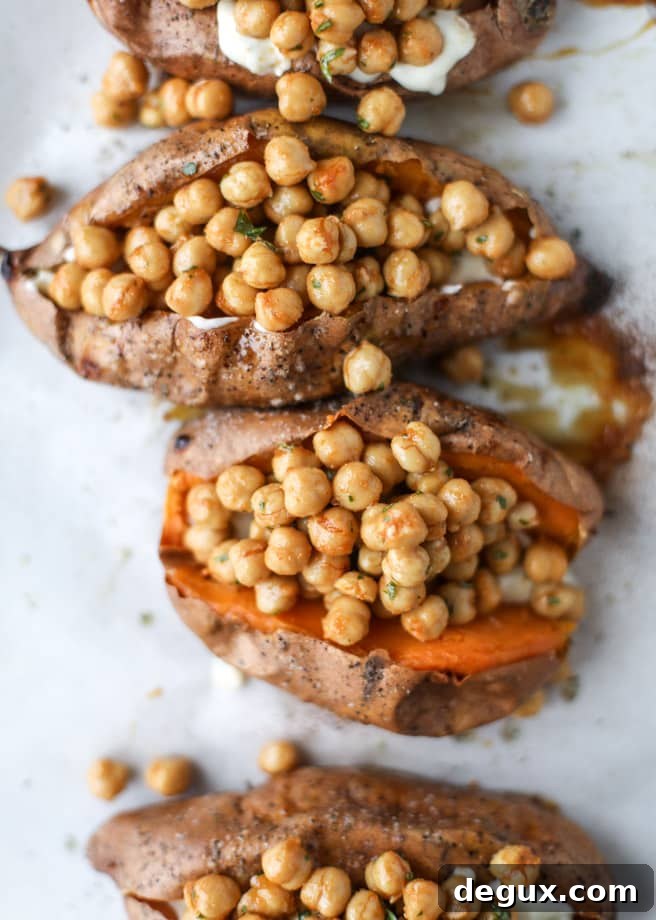Slow-Roasted Sweet Potatoes with Spicy Garlic Chickpeas and Blue Cheese Sauce 5 slow roasted sweet potatoes with garlic chickpeas and blue cheese sauce I howsweeteats.com