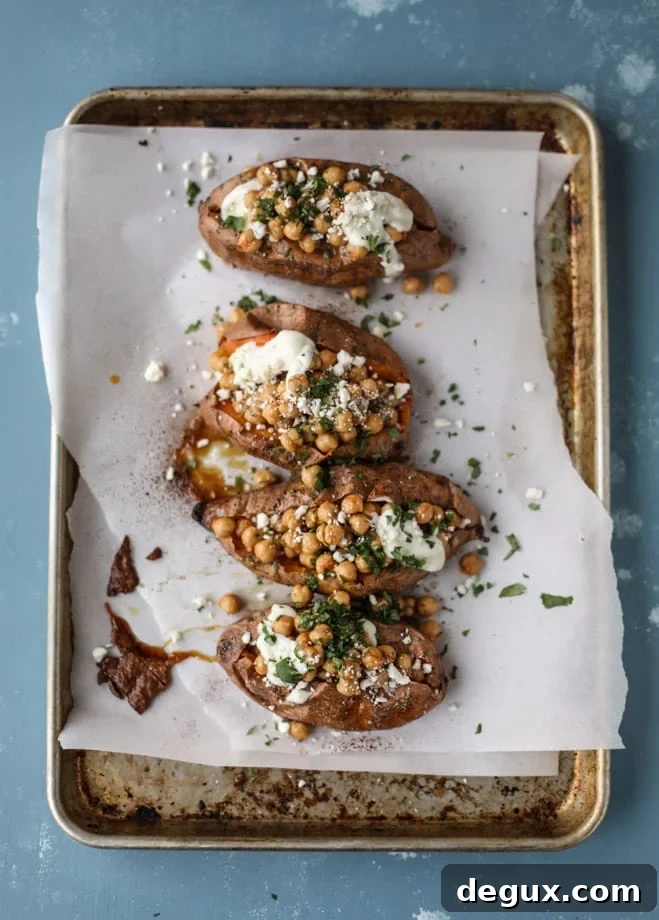 Slow-Roasted Sweet Potatoes with Spicy Garlic Chickpeas and Blue Cheese Sauce 7 slow roasted sweet potatoes with garlic chickpeas and blue cheese sauce I howsweeteats.com