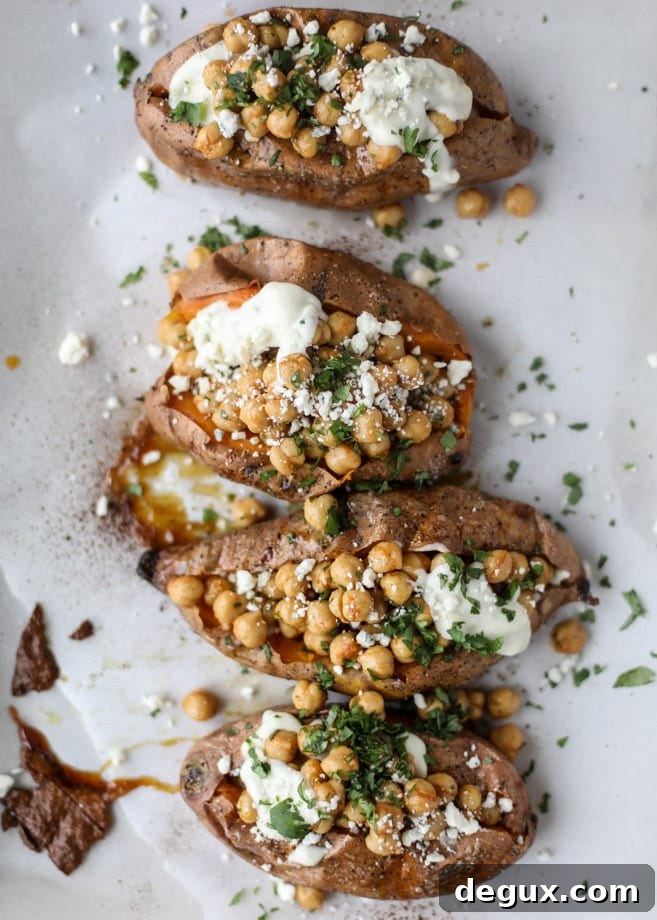 Slow-Roasted Sweet Potatoes with Spicy Garlic Chickpeas and Blue Cheese Sauce 8 slow roasted sweet potatoes with garlic chickpeas and blue cheese sauce I howsweeteats.com