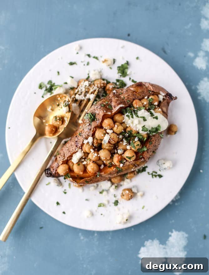 Slow-Roasted Sweet Potatoes with Spicy Garlic Chickpeas and Blue Cheese Sauce 10 slow roasted sweet potatoes with garlic chickpeas and blue cheese sauce I howsweeteats.com