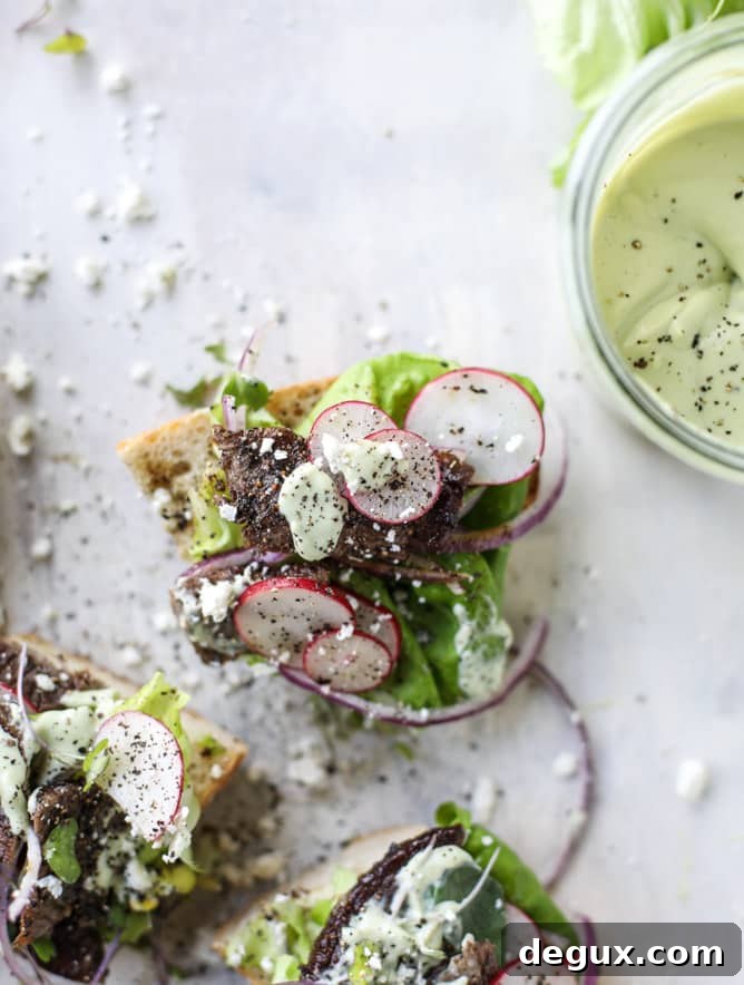 open faced steak sandwich with avocado horseradish I howsweeteats.com 