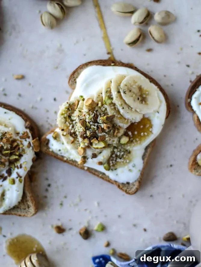 vanilla ricotta banana toast with pistachios I howsweeteats.com