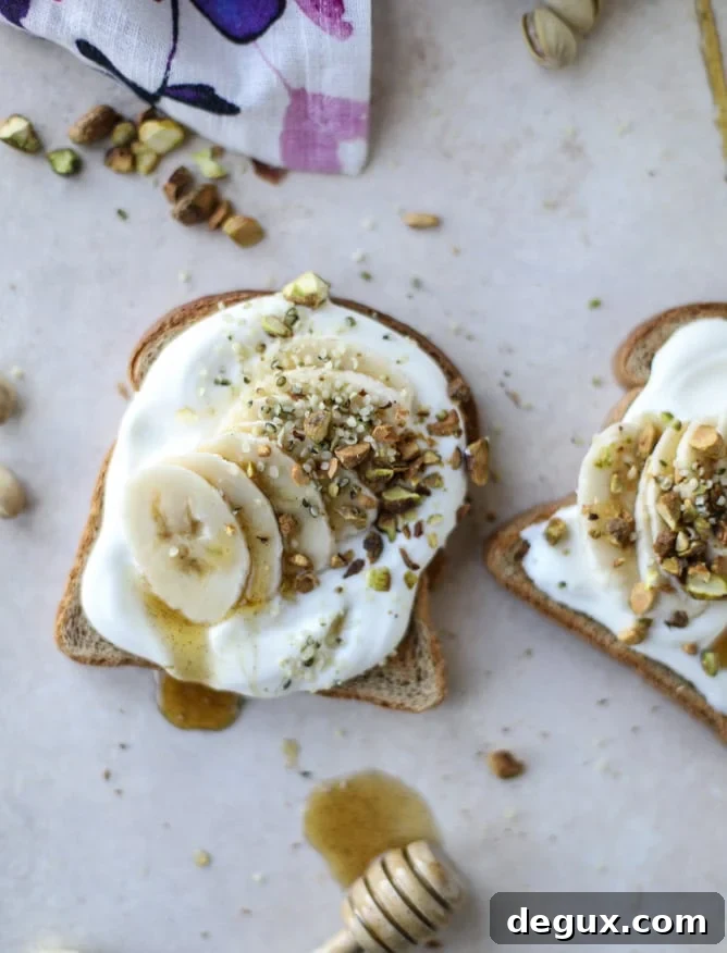 vanilla ricotta banana toast with pistachios I howsweeteats.com
