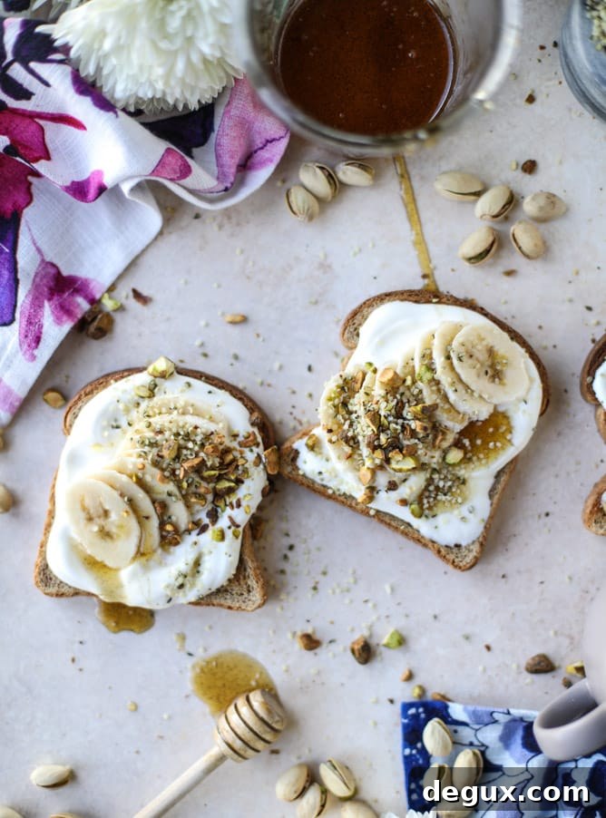 vanilla ricotta banana toast with pistachios I howsweeteats.com