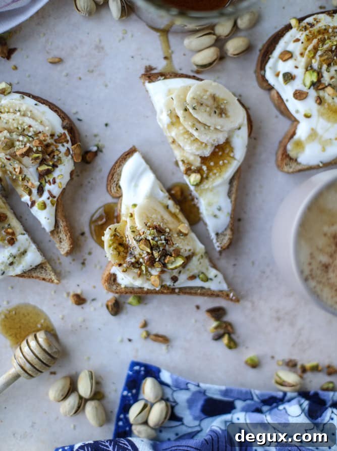 vanilla ricotta banana toast with pistachios I howsweeteats.com