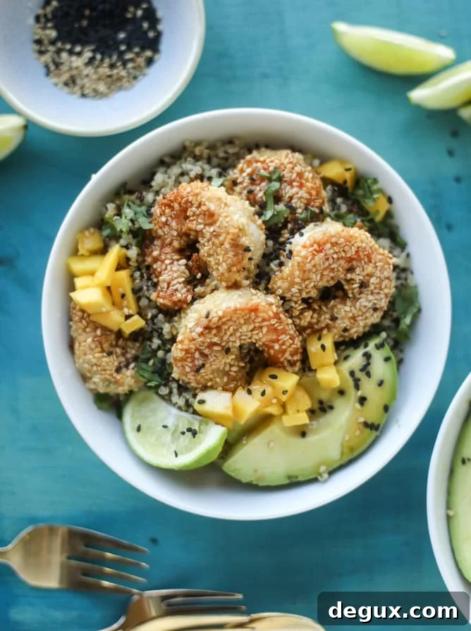 Sesame-Crusted Shrimp with Mango Quinoa Bowls for Summer Meals 2 sesame crusted shrimp and mango quinoa bowls I howsweeteats.com